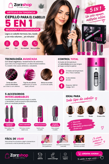 CEPILLO PARA EL CABELLO 5 EN 1, SECADOR Y VOLUMINIZADOR.