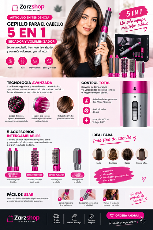 CEPILLO PARA EL CABELLO 5 EN 1, SECADOR Y VOLUMINIZADOR.