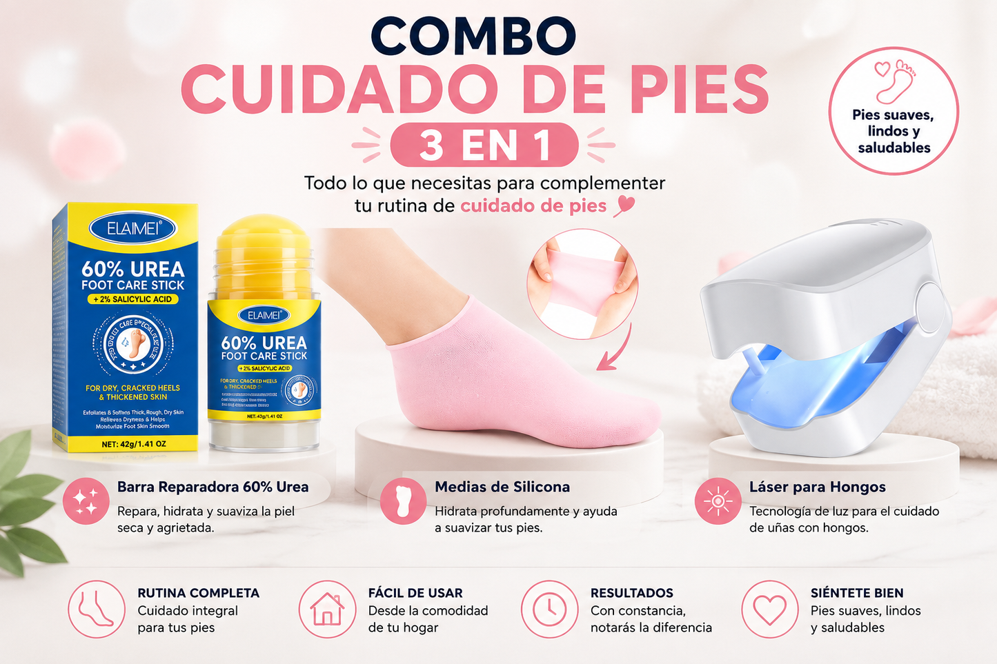 Combo Cuidado de Pies Urea + Medias de Silicona + Láser para Hongos (3 en 1)