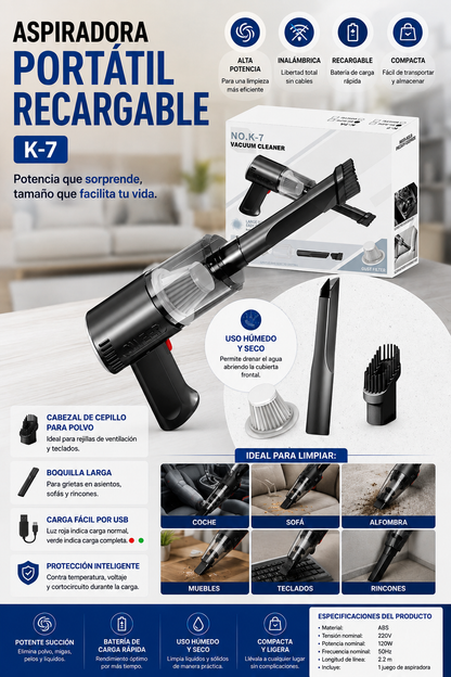 🧹⚡ ASPIRADORA PORTÁTIL RECARGABLE K-7