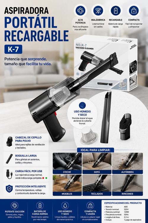 🧹⚡ ASPIRADORA PORTÁTIL RECARGABLE K-7